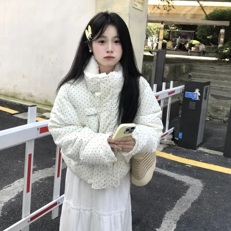 Sweet Girl Button Coat Elegant Casual Women Long Sleeve Dot Print Japanese Kawaii Clothing Cute Subculture Parkas Autumn