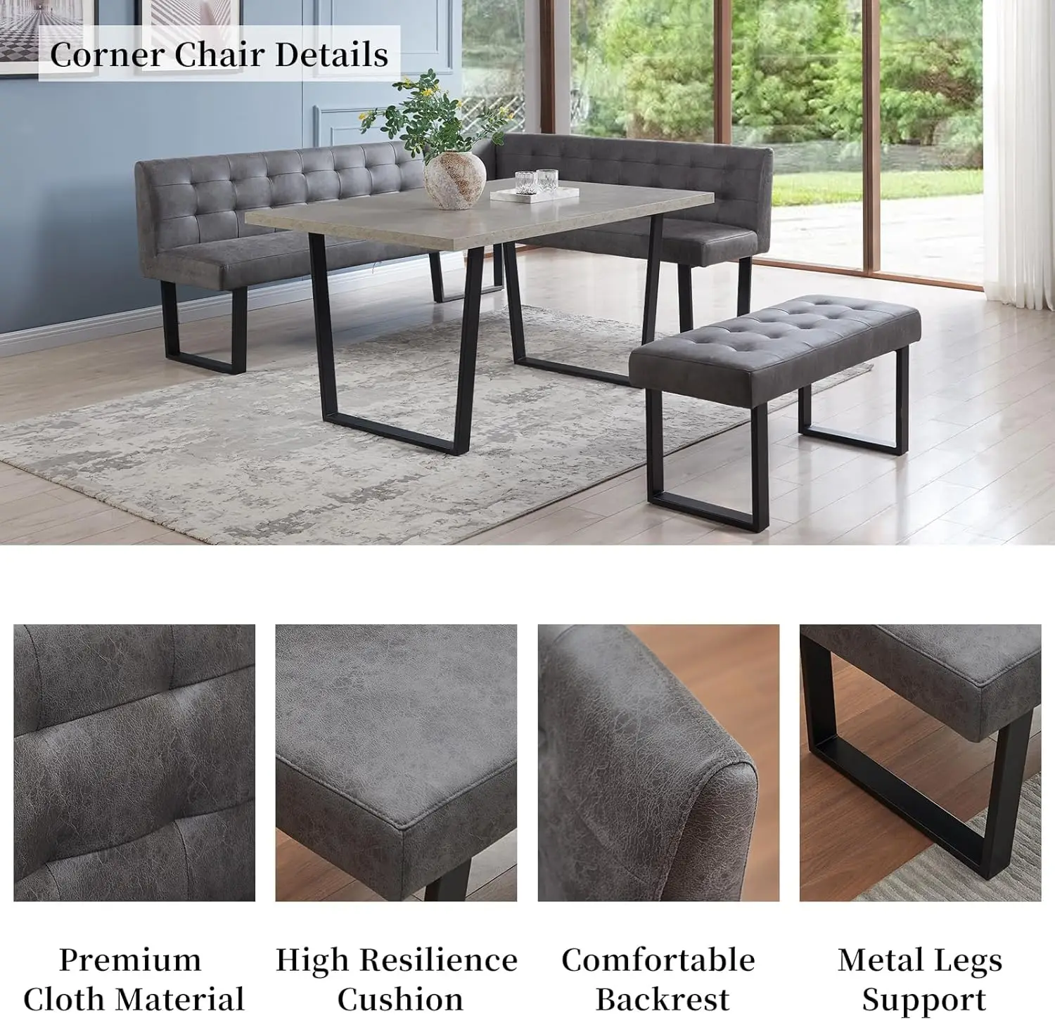 3 Piece Dining Table Set with Bench, 42.9 Inch Modern Kitchen Table with Left Seat Corner Bench and 43.3 Inch Bench