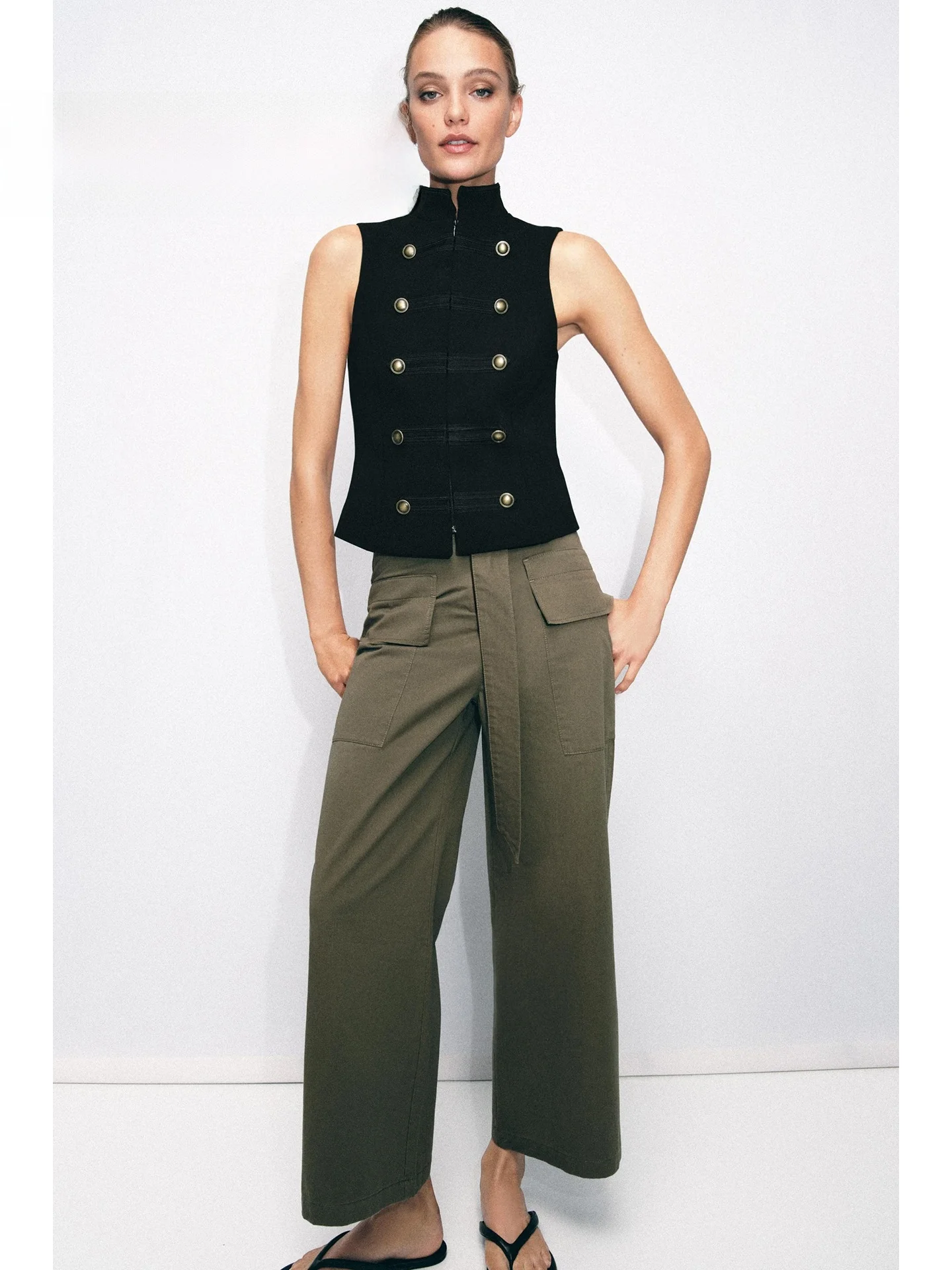 Fashionable Summer 2026 Women's Vest Top Necktie Design Sleeveless Slimming Outerwear Double Button Closure Other Material Blend
