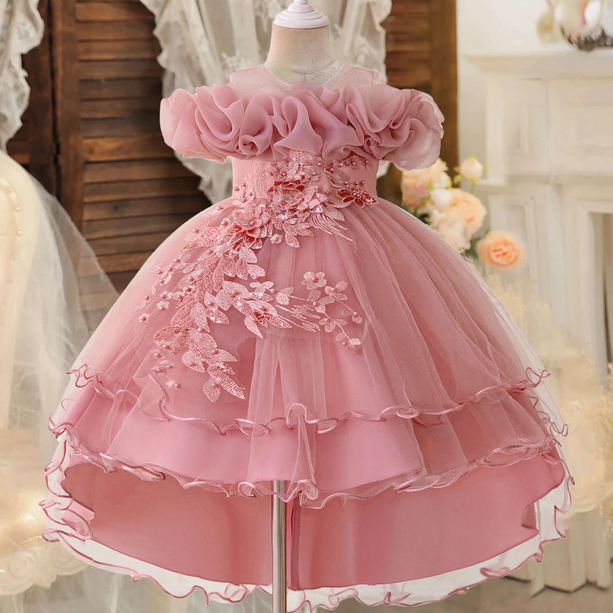 

Fashion Flower Girl Dress Christmas Costume Elegant Tulle Wedding Bridesmaid Princess Dress for Kids Pink Birthday Prom Clothing
