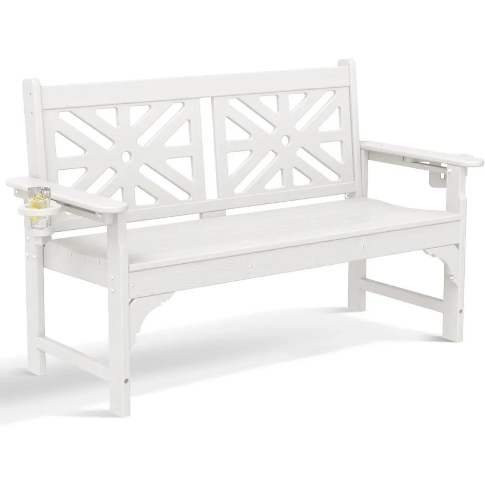 

Weather-Resistant 2-Person HDPE Outdoor Bench with Cup Holders, Supports 800 Lbs, Ideal for Garden, Patio, and Park (White)