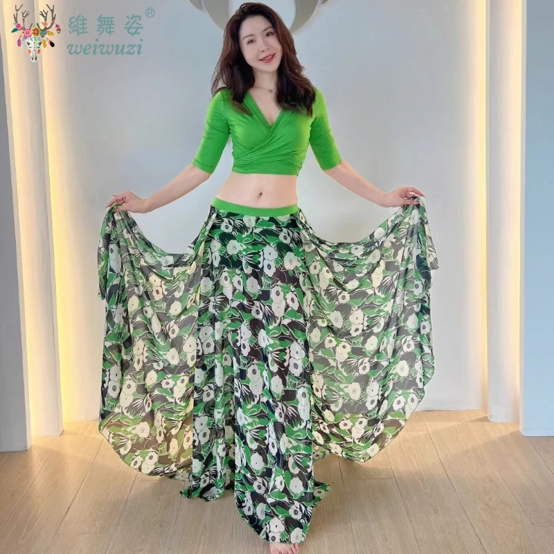 

Комплект одежды для тренировок BellyDance, топ с галстуком, зеленая шифоновая юбка с принтом, большая распашная юбка для женщин, наряд для восточных танцев