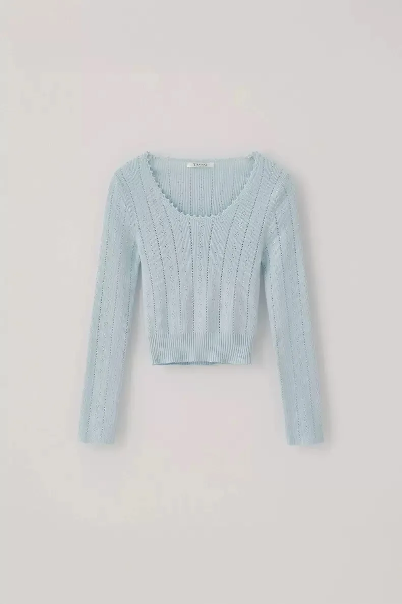 

Sweet Sle Knitted Hollow out round Ne Top Slimming Design Cotton Long Sve ort Length Color Women's T-irt