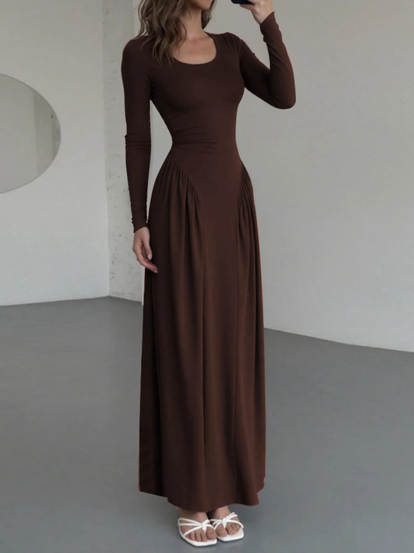 Dulzura الخريف موضة أنيقة U الرقبة طويلة الأكمام الدانتيل يصل الأشرطة مطوي فستان طويل المرأة الصلبة مثير الملابس نادي الحفلات الزي #4