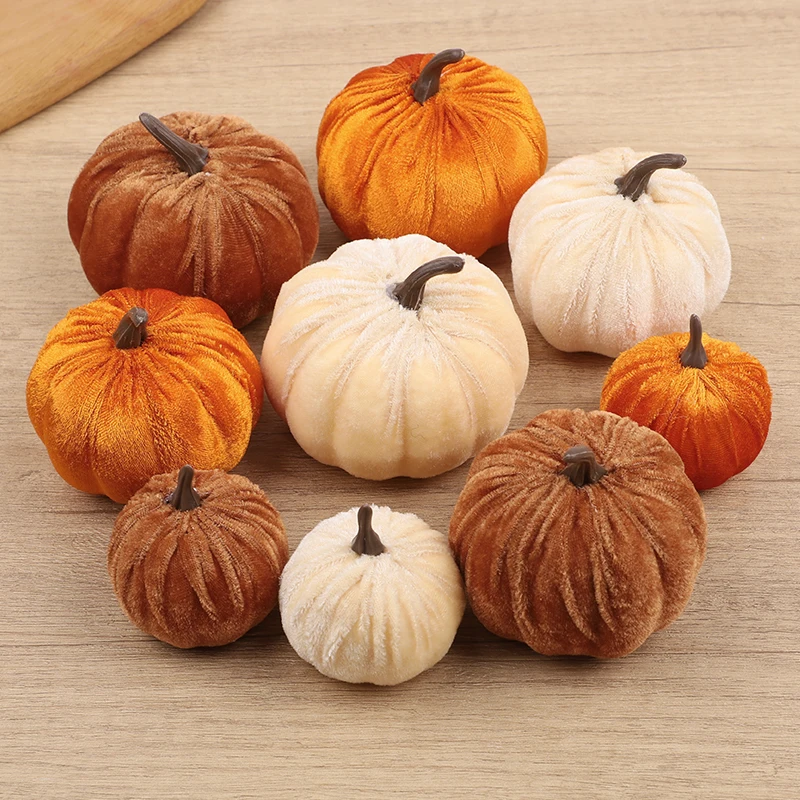 

9pcs Velvet Artificial Pumpkins 3 Size Mixed for Halloween Party Thanksgiving Home Table Decoration Autumn Fall DIY Craft Wreath