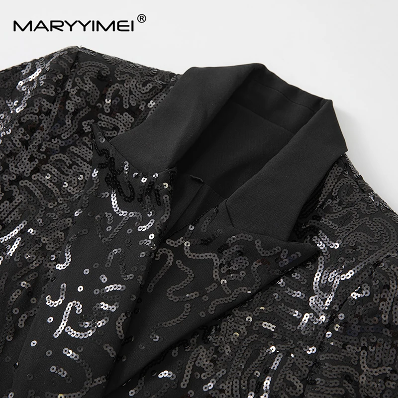 MARYYIMEI Elegant Autumn winter Fashion Coat Women\'s long sleeve Notched Sequins Double breasted Black Daily Basic Long Overcoat