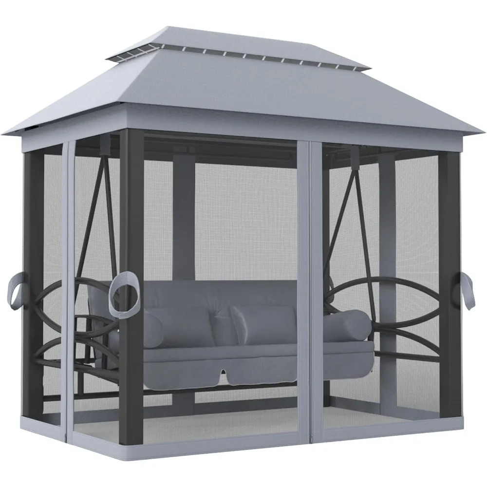 

Patio Swing Chair, Outdoor Gazebo Swing with Double Tier Canopy, Mesh Sidewalls, Cushioned Seat and Pillows