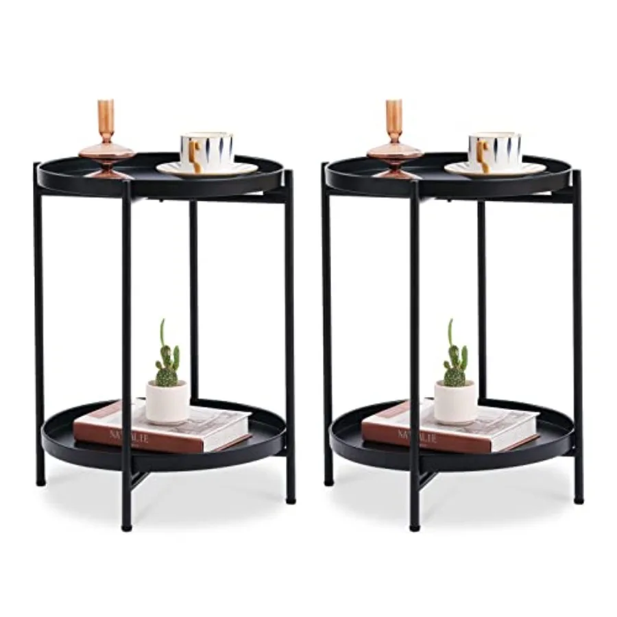 

2 Pack Round End Table for Living Room Bedroom Office Small Space: Iron 2-Tier Side Nightstand Accent Coffee Table in Black