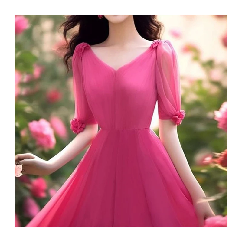 

Large solid color five quarter sleeve mid length dancing chiffon dress over the knee for vacation beach plus size long dress