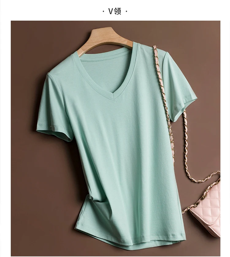 Sommer Hohe Qualität Reine Mercerisierter Baumwolle T-shirts frauen Lose Rundhals Kurzarm T-stücke Weibliche T Shirt Einfarbig Tops – Detail 14