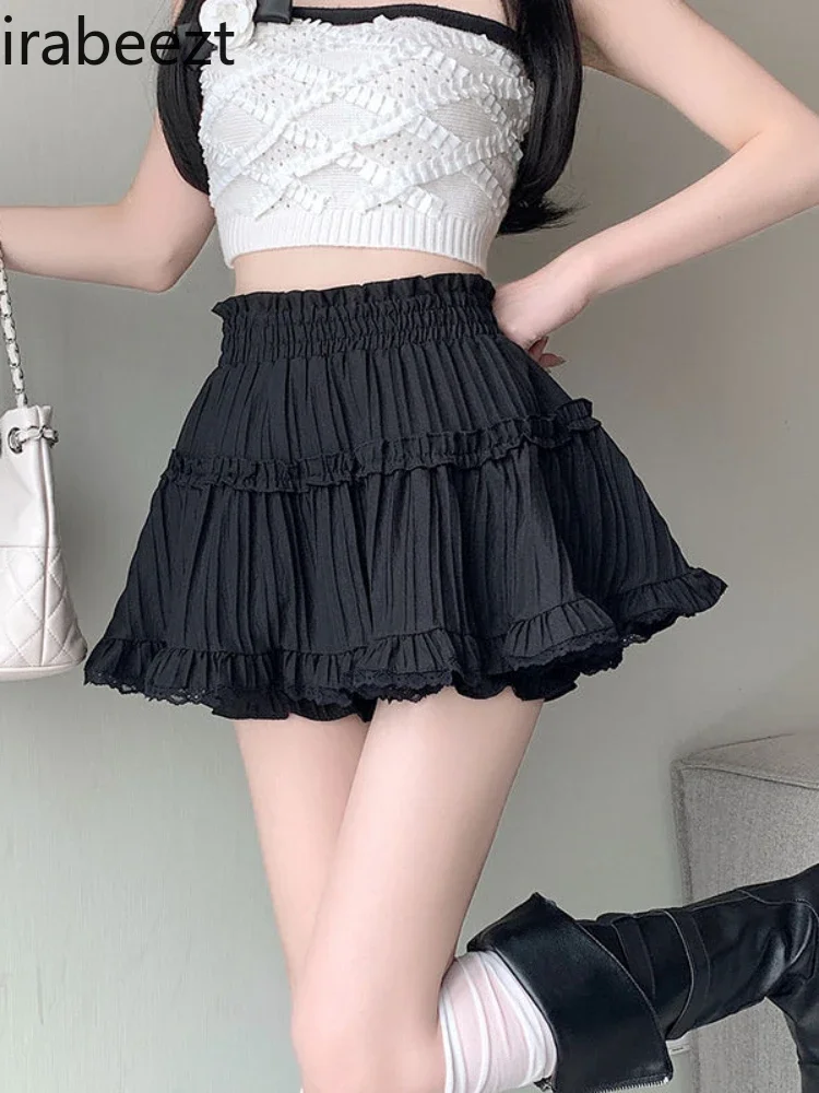 Black Pommel Cake Shaped Skirt Women Summer Flower Buds Elastic High Waist Thin A Line Lace Short Fashion Culottes