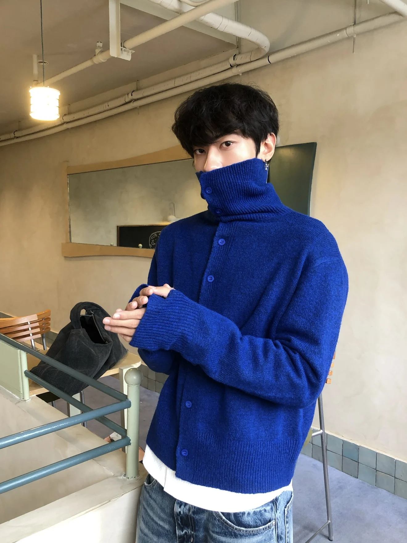 

Autumn Winter High Ne Knitted Sweater Men's Casual Loose Fit Button up Cardigan Soft Cozy Gem Blue Lazy Aosphere