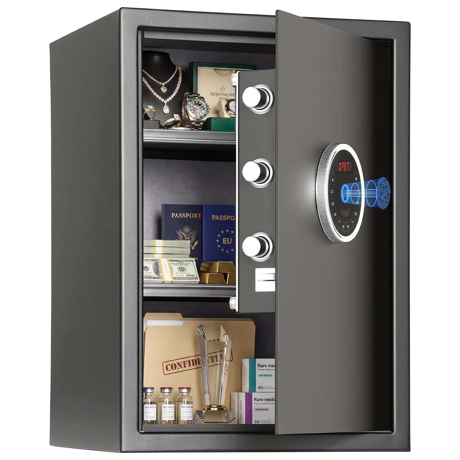 

H50 1.8 Cub SF0505 Home Biometric Safe 2.0 Cubic Feet Automatic Opening Touchscreen Keyboard Large Fingerprint Secure Belt