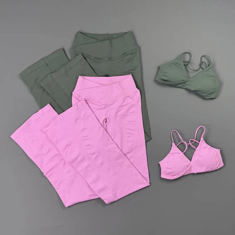 2 Pieces Gym Set Women Sports Bra Cross Waist Flared Leggings Suit Seamless Tummy Control Butt Lifting Outfit Yoga Training Sets