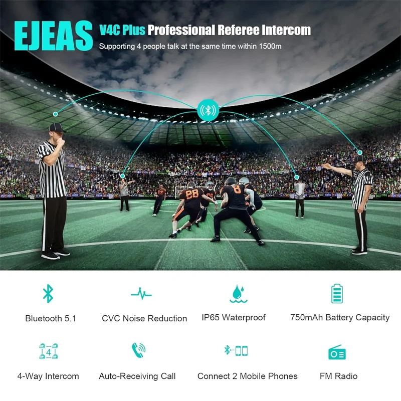 EJEAS V4C Plus Гарнитура для интерком-рефери Bluetooth5.1 для 4 судей 1500 м говорящий футбольный рефери домофон