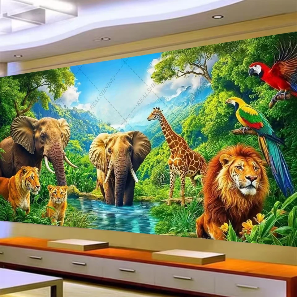 

African Forest Animals DIY Diamond Painting Cross Stitch Elephant Giraffe Lion Family Mosaic Full Diamond Embroidery 200x100cm