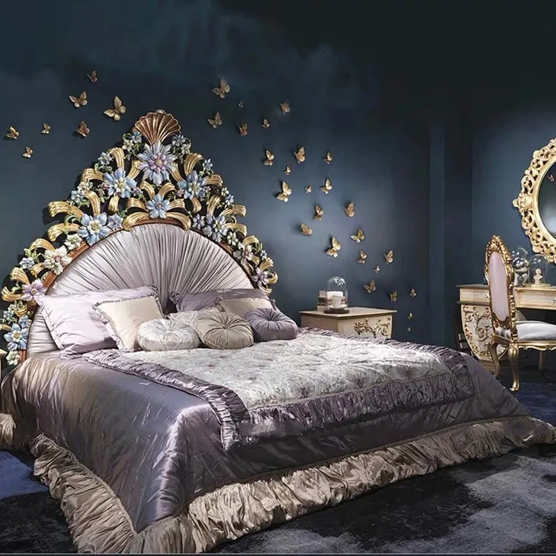 Customized European Royal Luxury Solid Wood and Fabric Bedroom Furniture Set Classic Antique Style King Size Bed - view 3