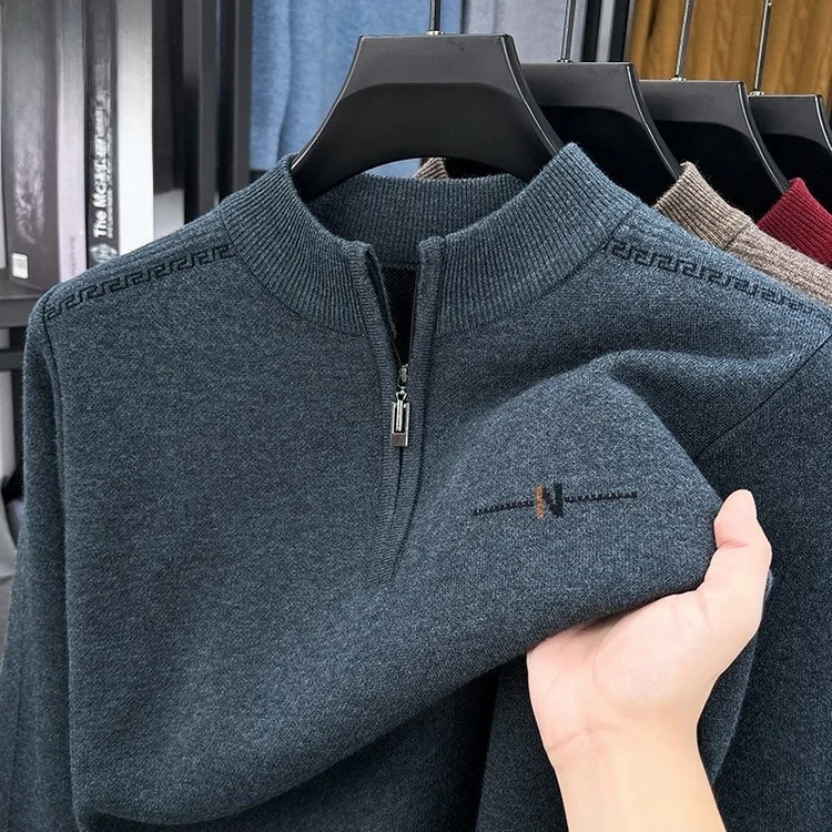 

Men's Knitted Thiened f-Zip Sweater Autumn Winter Warm Base Layer Dad Clothes Long Sve round Ne Polyester Blend