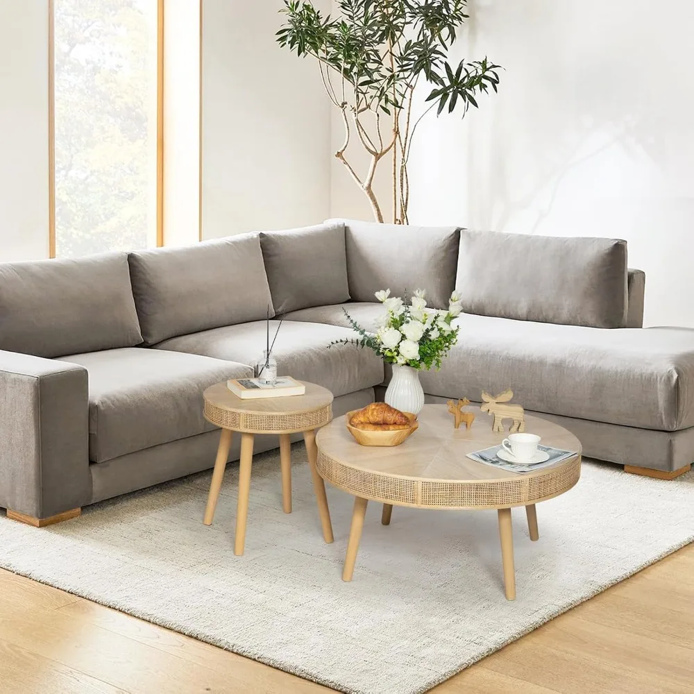 Rustic Rattan Nesting Coffee and Side Tables Set for Living Room with Handcrafted Farmhouse Style
