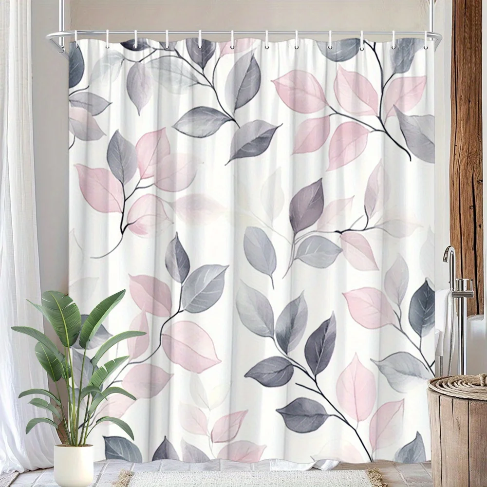 1pc Pastel Leaves Shower Curtain - Pink, Lavender, Grey & White Botanical Design with 12 Hooks, 70.8x70.8 Inch, Modern Bathroom