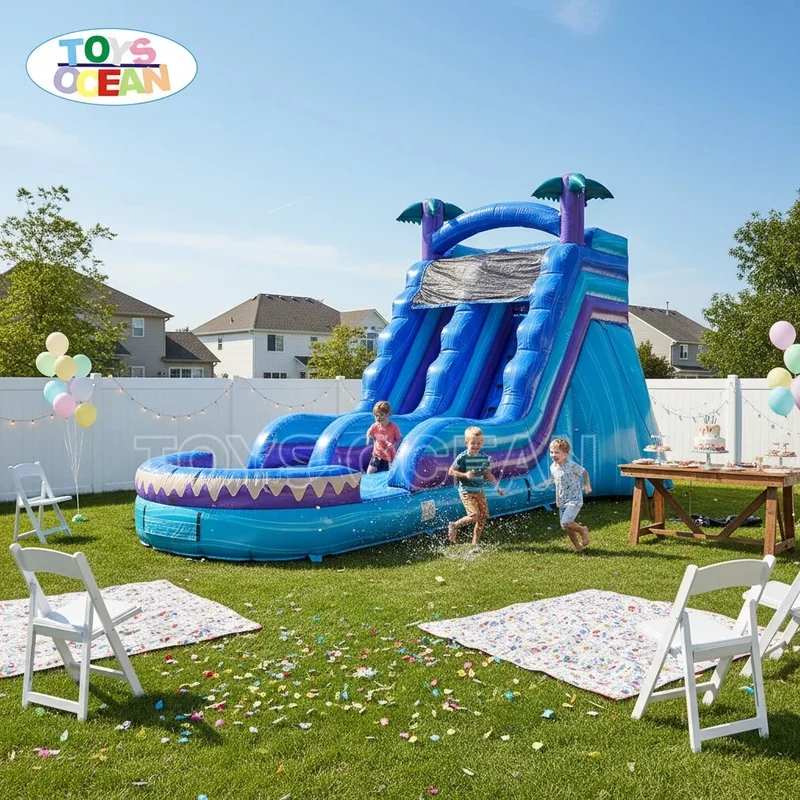 Shark Themed PVC Inflatable Outdoor Water Slide Tropical Design with Pool for Kids and Adults