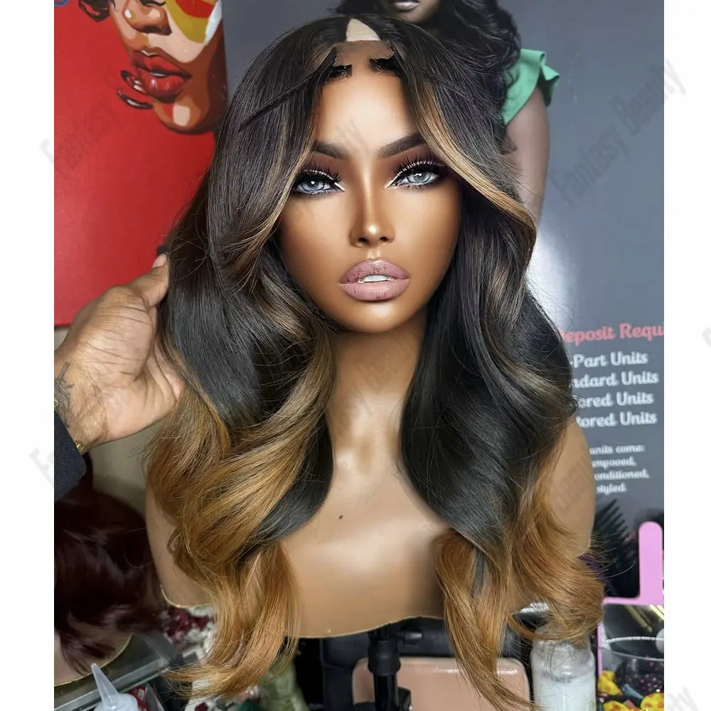 

Glueless 1x4 Size U Part Wig Human Hair Adjustable Slightly Curly Honey Brown Ombre V Part Wig Human Hair Easy Wear for Women