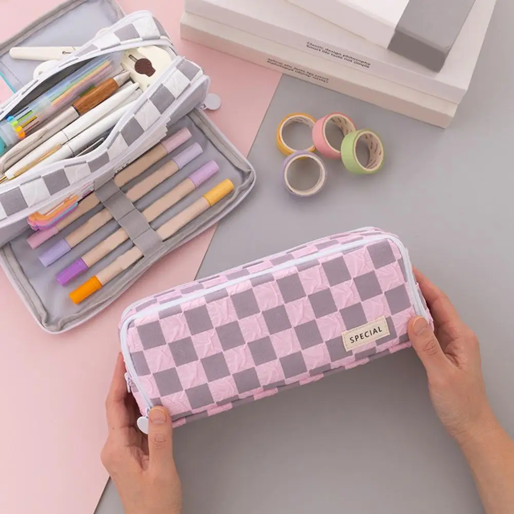 School Supplies Capacity Checked Pattern Pencil Case with 3 Compartments Color Matching Zipper Closure School for Organization