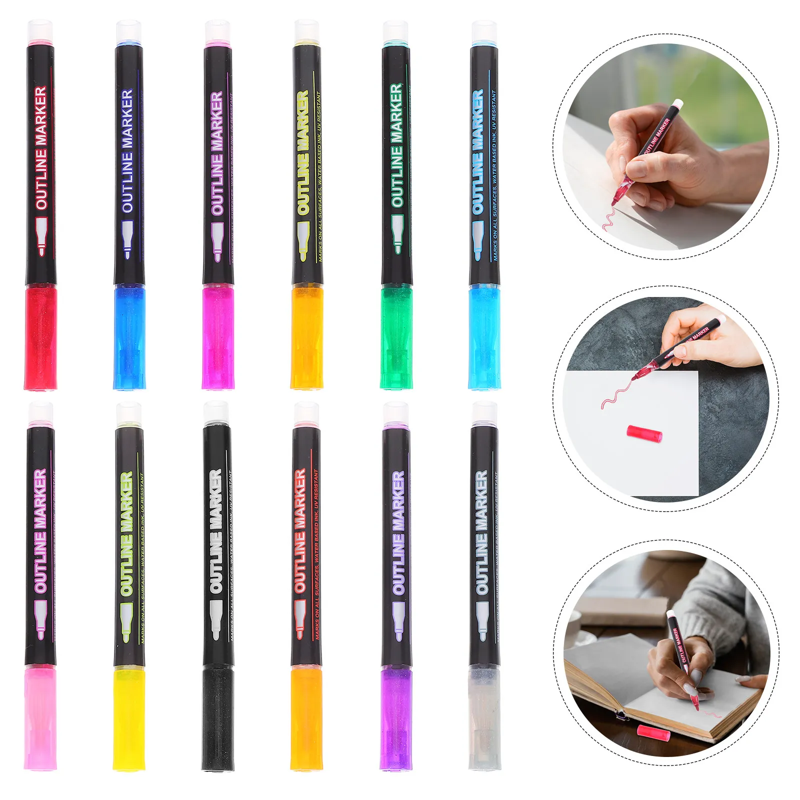 12Pcs Multi-Use Outline Paint Marking Pens Glitter DIY Art Pens Vibrant Colors School Supplies Shimmer Marker Set