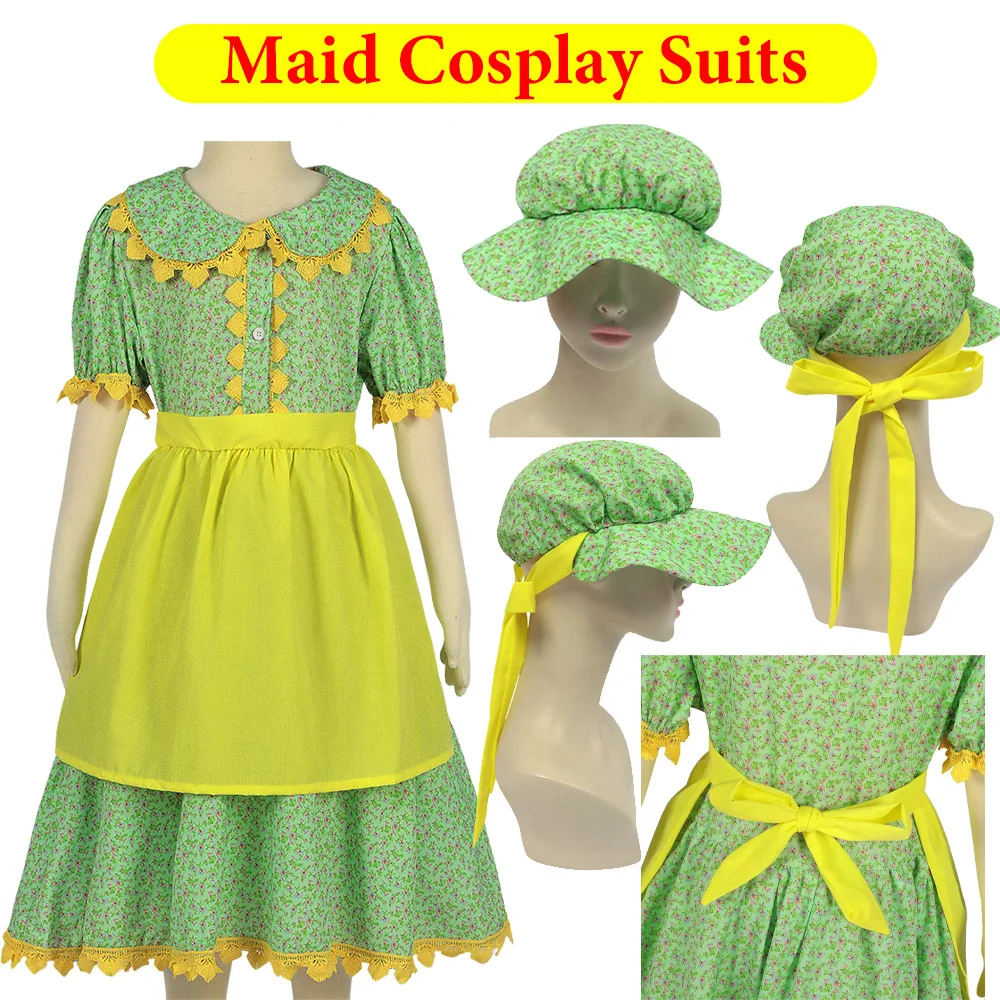 

Maid Performance Cosplay Floral Dress Apron Hat Girls Kids Children Stage Costume Clothing Outfits Halloween Party Disguise Suit