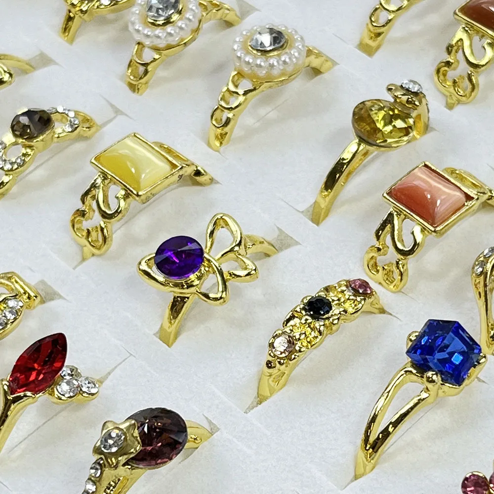 20Pcs Fashionable Colored Rhinestone Alloy Gold-Plated Ring For Women's Jewelry Wholesa Rings Lots L4225