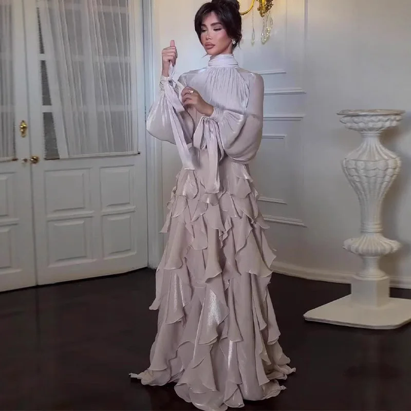 

Temperament Elegant Fashion Party Dresses Women Solid Color Stand Collar Leace-up Irregular Ruffles Long Dress Socialite Vestido