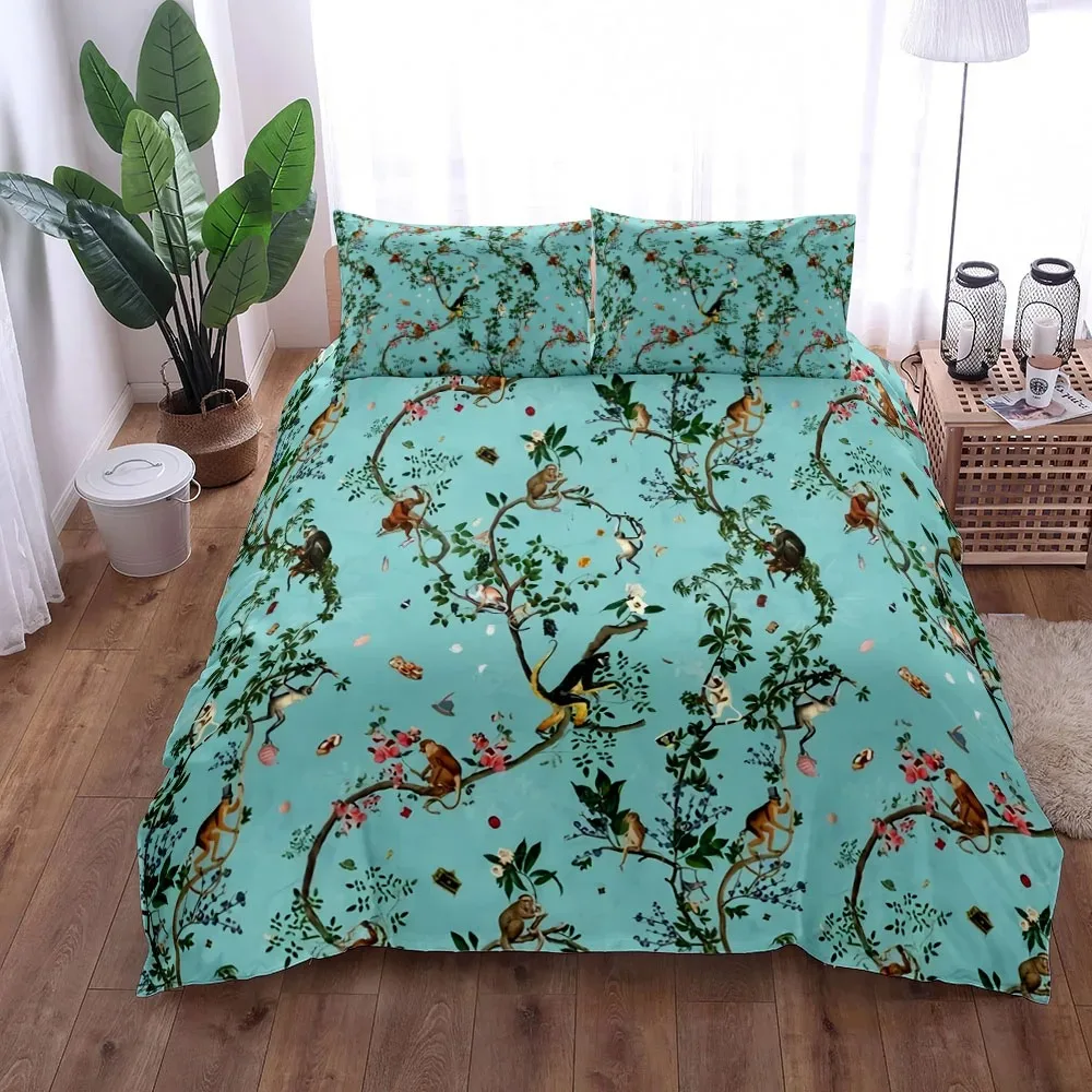 2024 3D Retro Novel Monkeys Bed Linen Set King Queen Double Full Twin Single Size Teal Duvet Cover Set