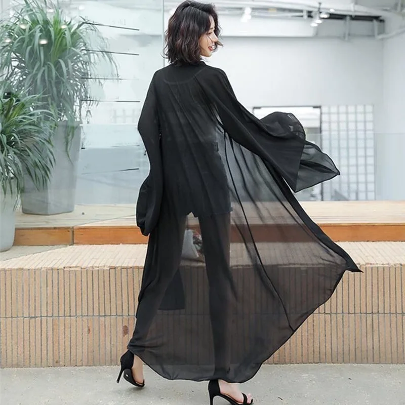 2024 Summer Sun Protection Clothing Women Long Chiffon Cardigan Solid Color Ladies Shawl Female Cardigans Women Loose Thin Coats