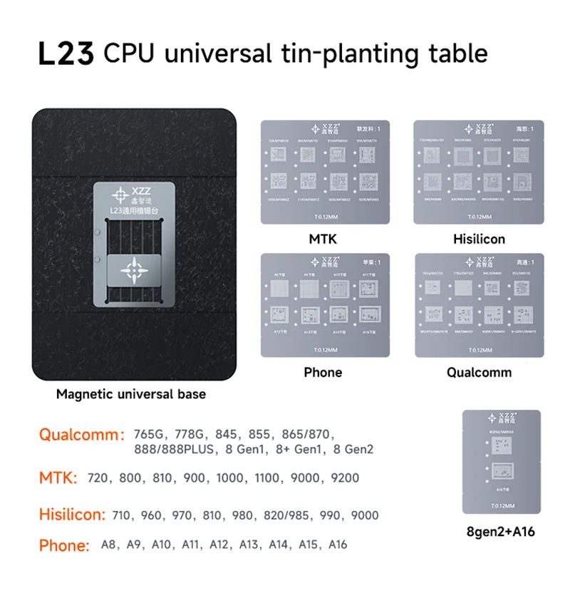 

Набор трафаретов XZZ L23 для реболлинга процессора, для IPhone A8-A16 MTK Hisilicon, Qualcomm, универсальная Магнитная база, BGA-шарики, жестяная платформа