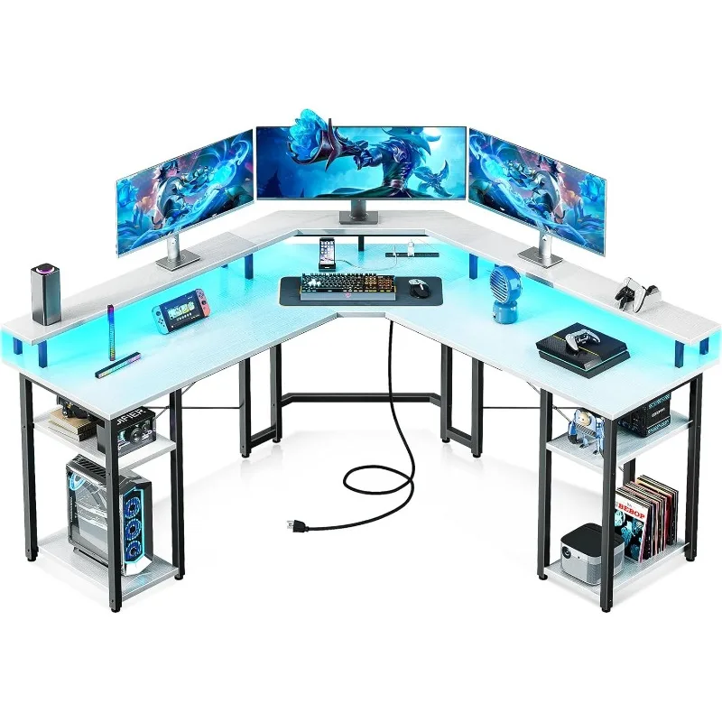 

L Shaped Gaming Desk with LED Lights & Power Outlets, Reversible 56" Computer Desk with Full Monitor Stand & Storage