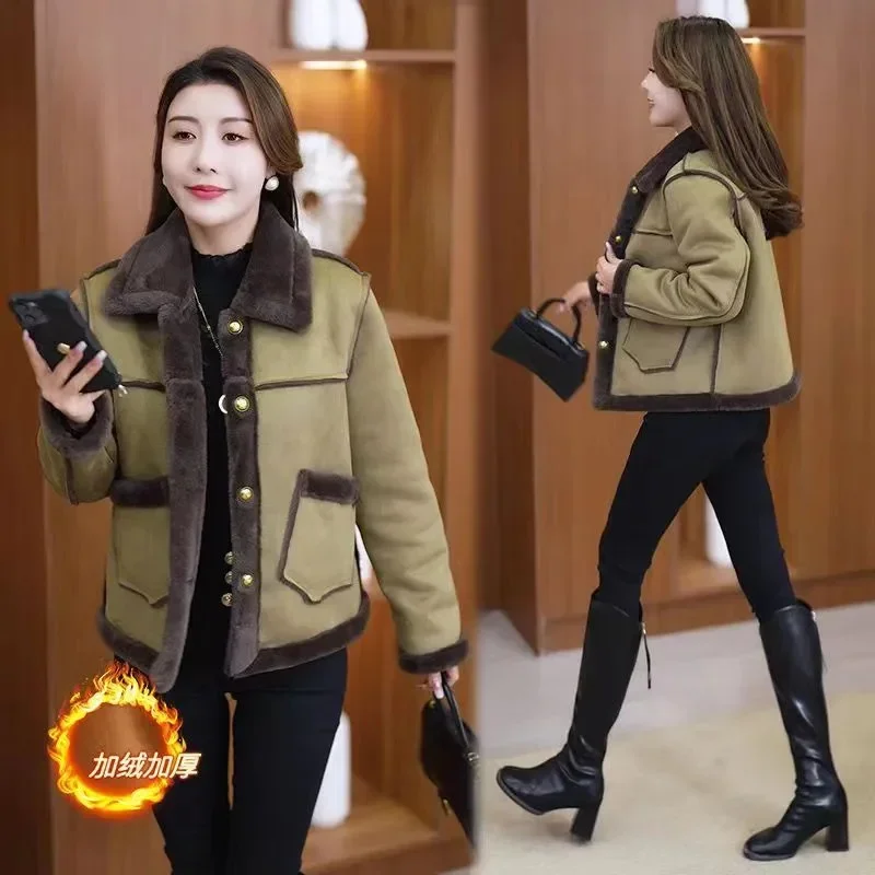 Pop Pop 2025 Jacket With Thick Velvet And Warm Short Jacket Winter New Versatile Fashion Temperament Overcoming Jacket Splicing