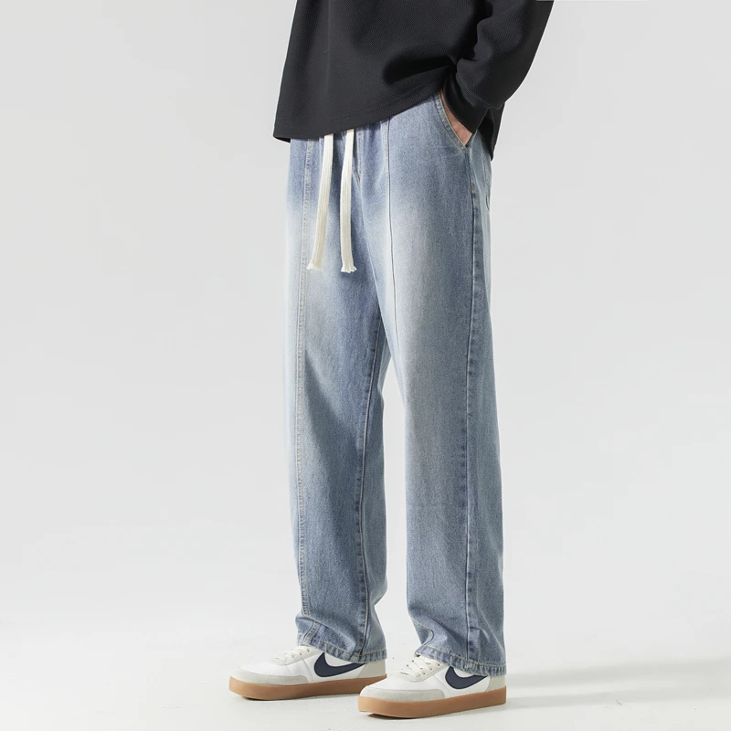 Spring Summer New Fashion Men/Women's Trousers Hong Kong Style All-match Drawstring Pockets Loose Straight Wide Leg Jeans