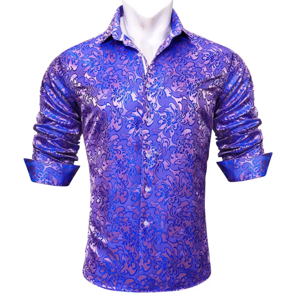 Luxury Men's Shirt Embroidered Silk Slim Casual Gold Blue Purple Black Red Green Paisley Flower Long Sleeve Barry Wang Men Cloth