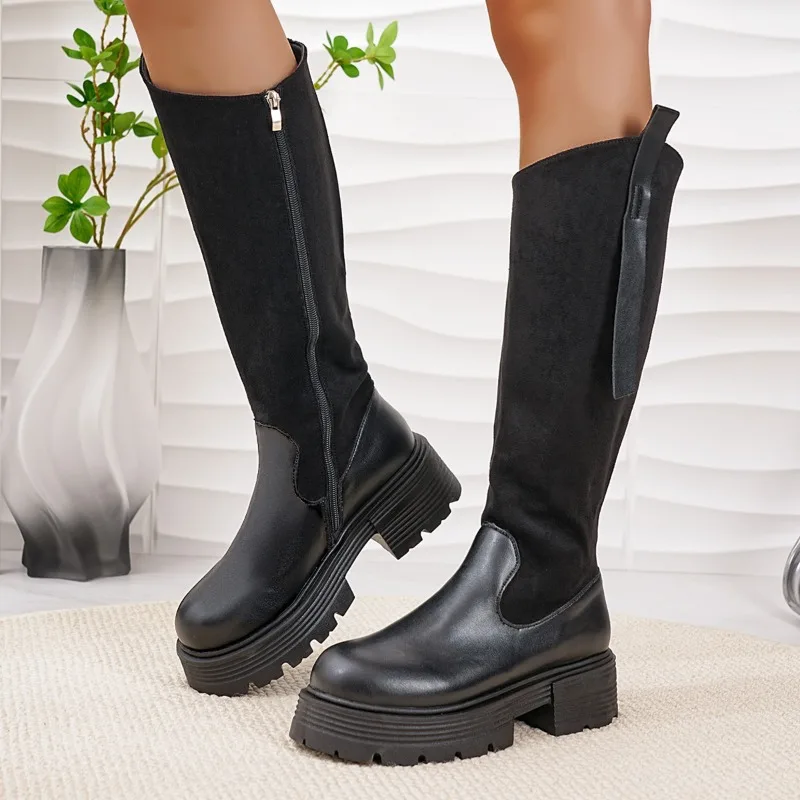 

Non-Knee High Boots Autumn New Round Toe Spliced Side Zipper Platform Non-Slip Wear-Resistant Block Heel Single Boots