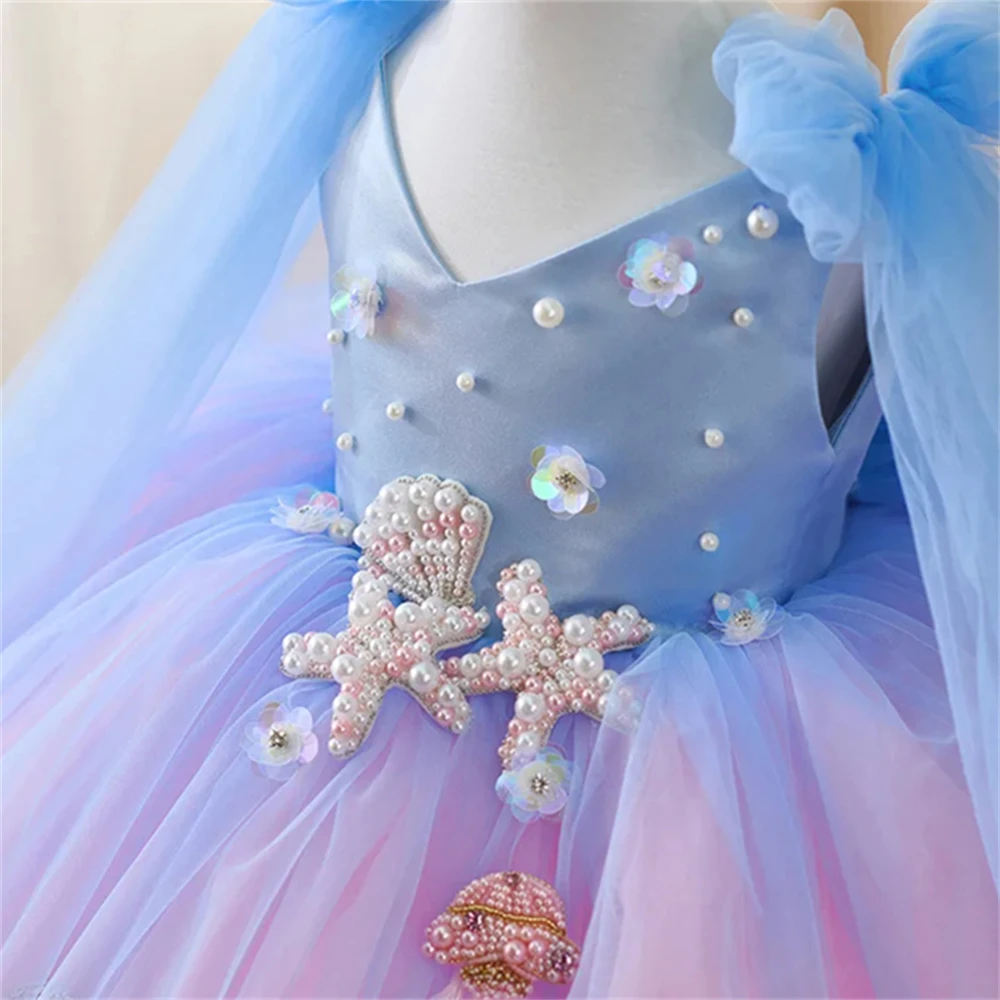 

Customized Flower Girl Dress for Wedding Bow Appliques Pearls Sleeveless High Waist Luxury Kids Birthday First Communion Gown