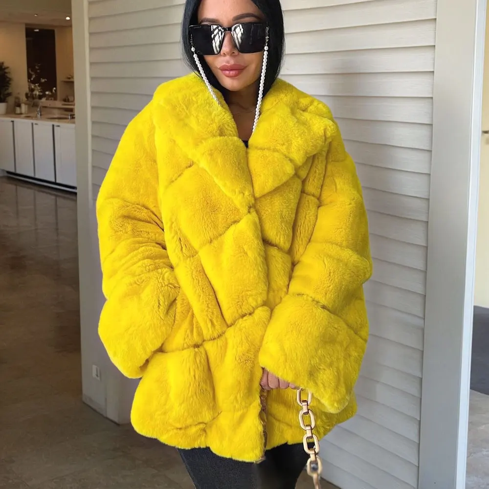 Winter New Real Natural Rex Rabbit Fur Overcoat Women Fashion Yellow Genuine Fur Lapel Coats Luxury Real Fur Warm Outwear