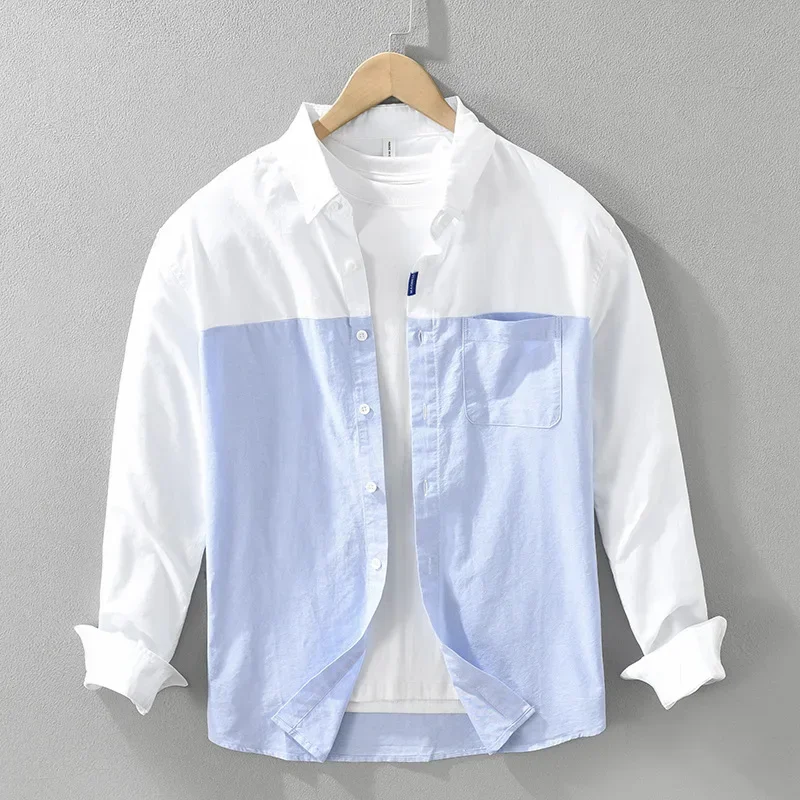

Korean Fashion Mens Long Sleeve Shirt Spring Summer Street Style Patchwork Designer Shirts Male Casual Pure Cotton Tops Comfort