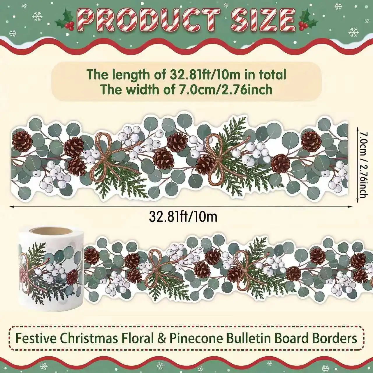  32.8 Ft Self‑Adhesive Christmas Winter Bulletin Board Borders Roll Eucalyptus Holly Reindeer Trim for Classroom Wall Decor