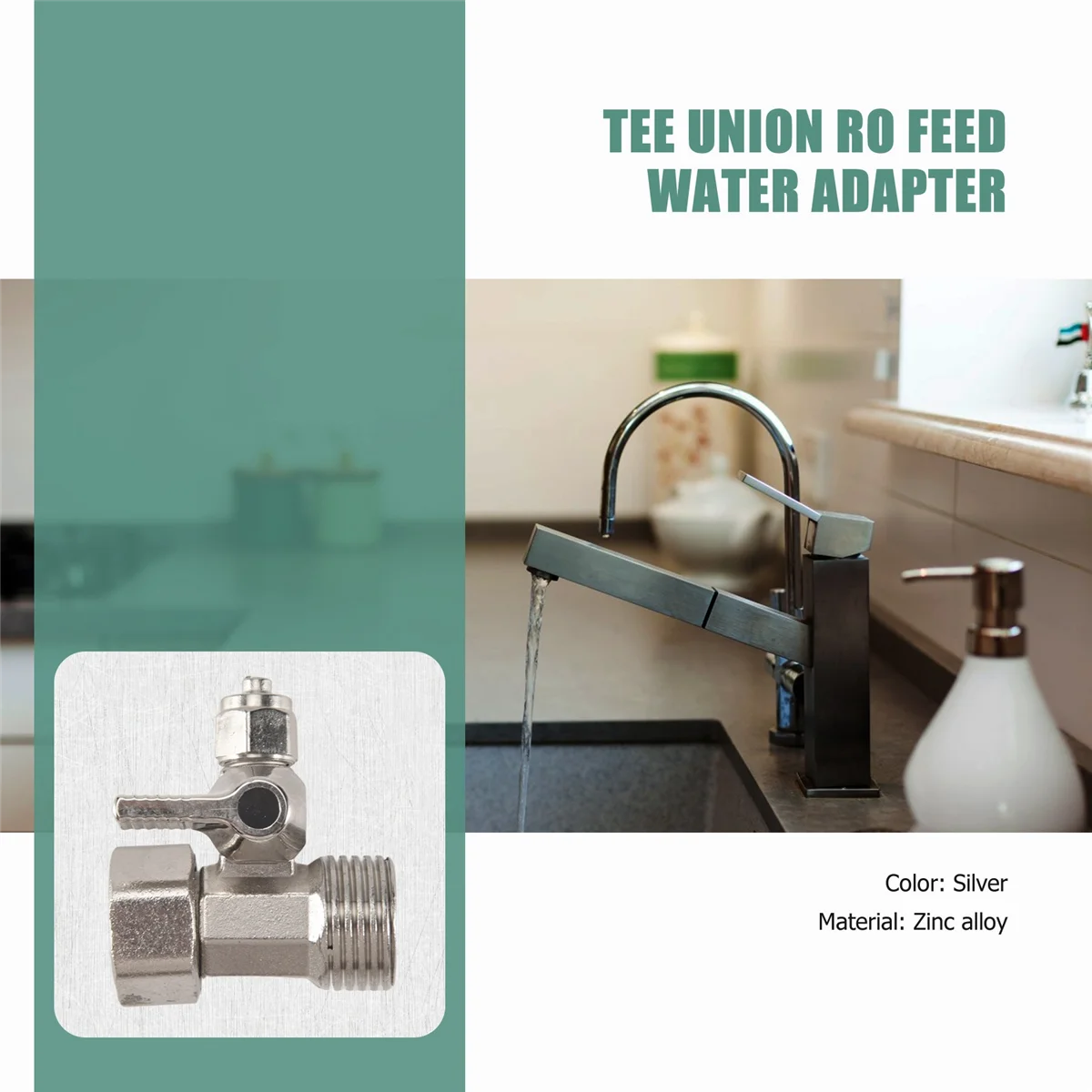 Adaptador de agua de alimentación Grifo de válvula de bola de 1/2" a 1/4" Alimentación de ósmosis inversa Plata