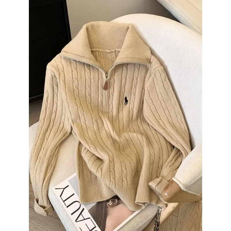 Sweaters autumn and winter new half zip knit loose Fried Dough Twists lapel pony embroidery blouse