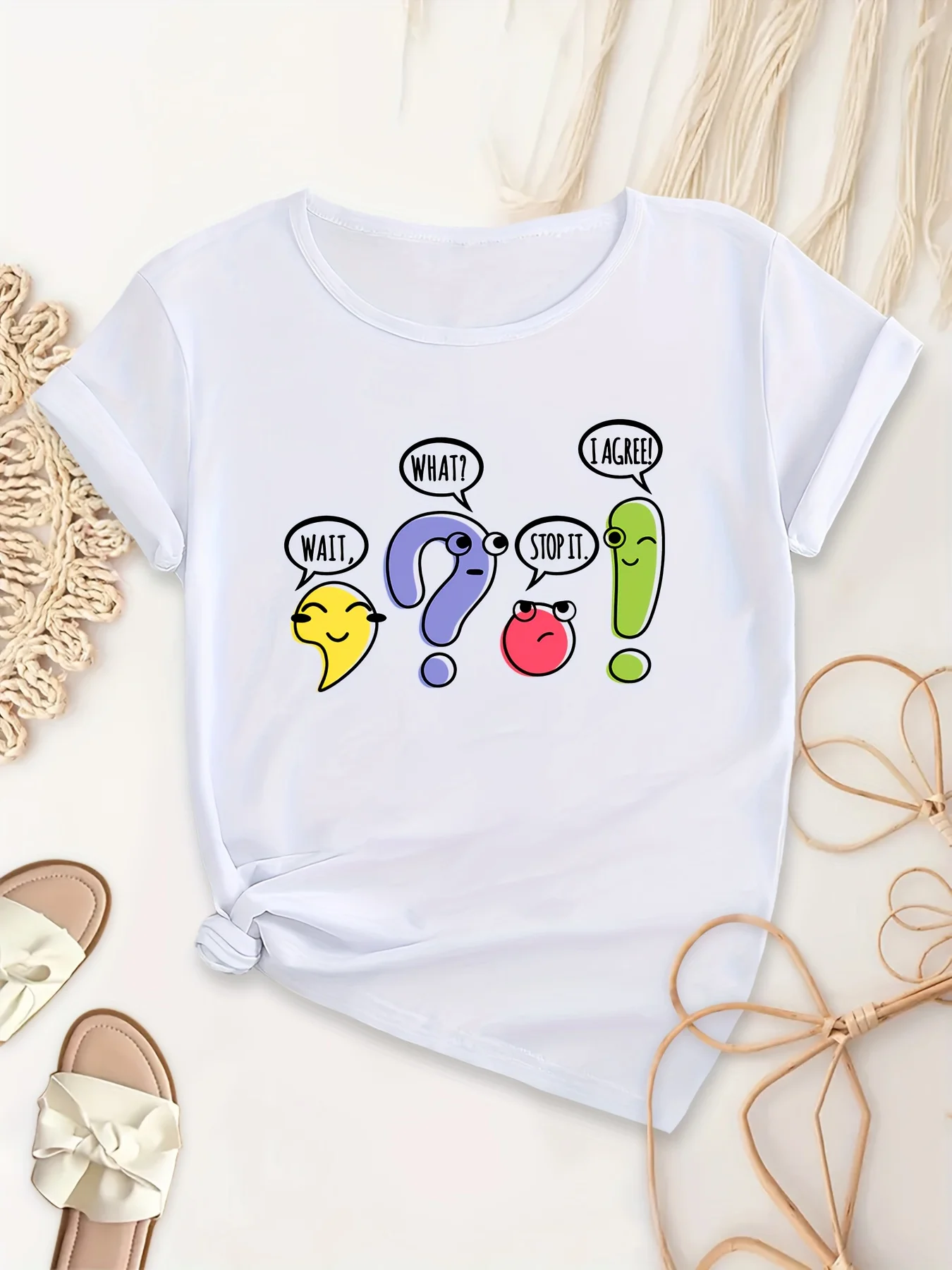 Teacher's Day Colorful Comma Creative Print Comfy Tee O-Neck Short Sleeve Casual Top Women's Breathable Harajuku Summer Clothing
