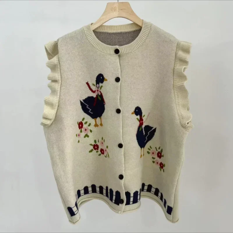 Onalippa Korean Style Vest Artistic Retro Embroidered Wood Ear Edge Cardigan Lazy Prairie Chic Style O Neck Vests Top