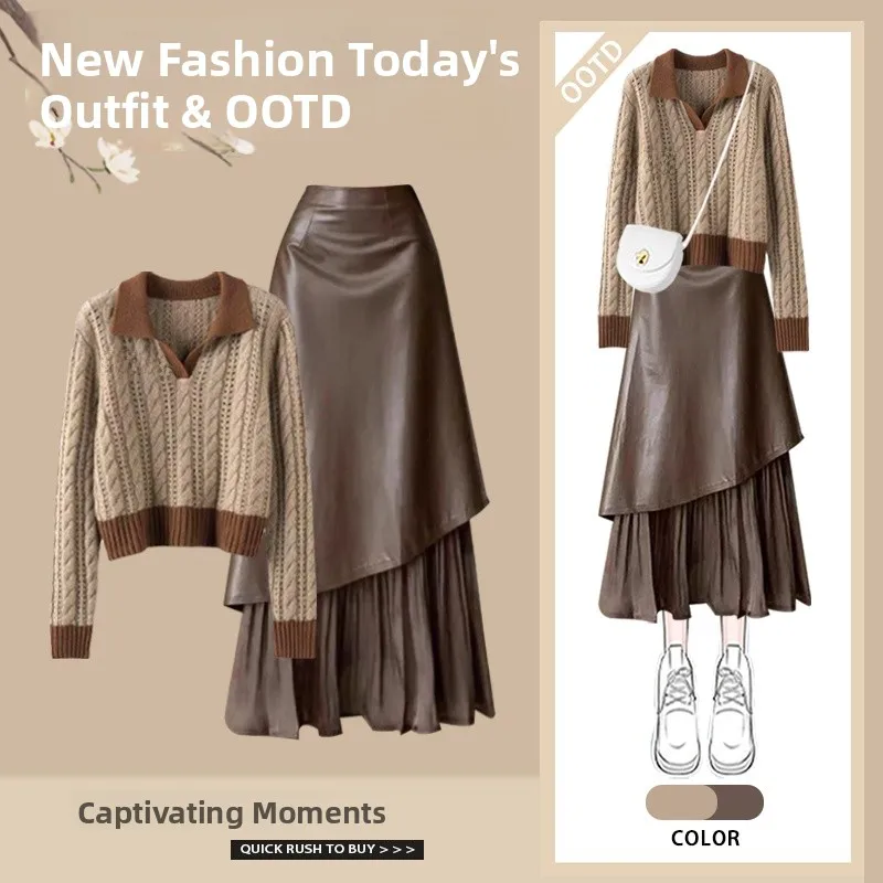 

High Waist mid Length Skirt And Knitted Sweater Two Piece Set Hollow out Design for Autumn Winter Fashionable Youthful Slimmi...