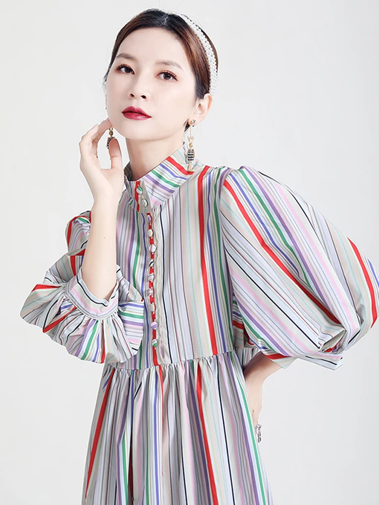 [EAM] Women Striped Spliced Long Shirt Dress New Stand Collar Three-quarter Sleeve Loose Fit Fashion Spring Autumn 2024 1DE0219