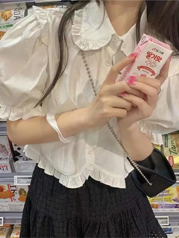 

Sweet Blouse Collar JK Shirt Women's Short High Waist Light Doll Collar Summer White JK Shirt Top Cleanfit Style Regular Sleeve